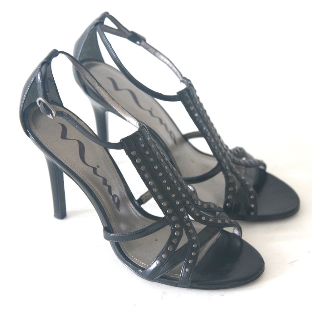 Size 7.5 (37.5) NINA Women's Black Leather Studded 4" Heel Sandals